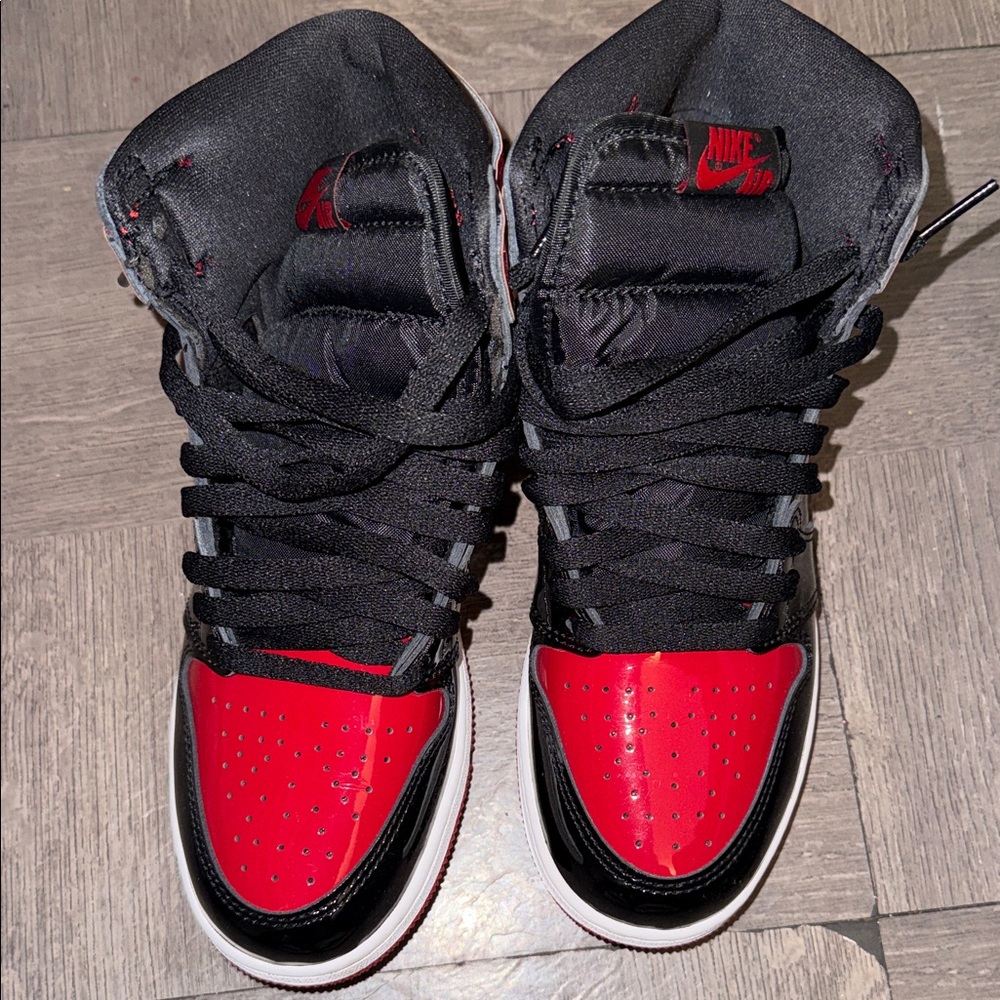 Nike Black and Red High-Top Sneakers- PATENT LEATHER BRED 1s